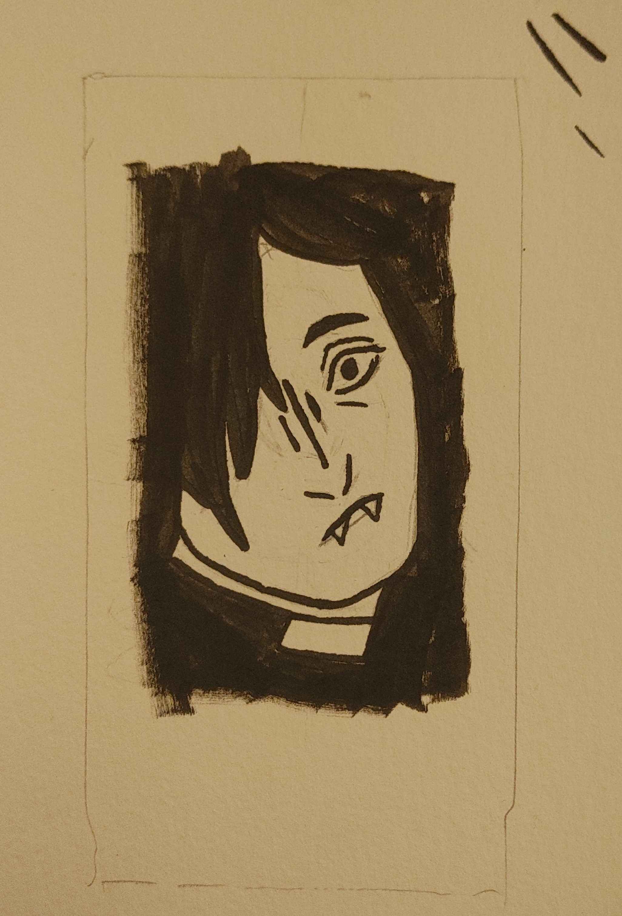 An inked sketch of Matty, a vampire with hair covering half his face.